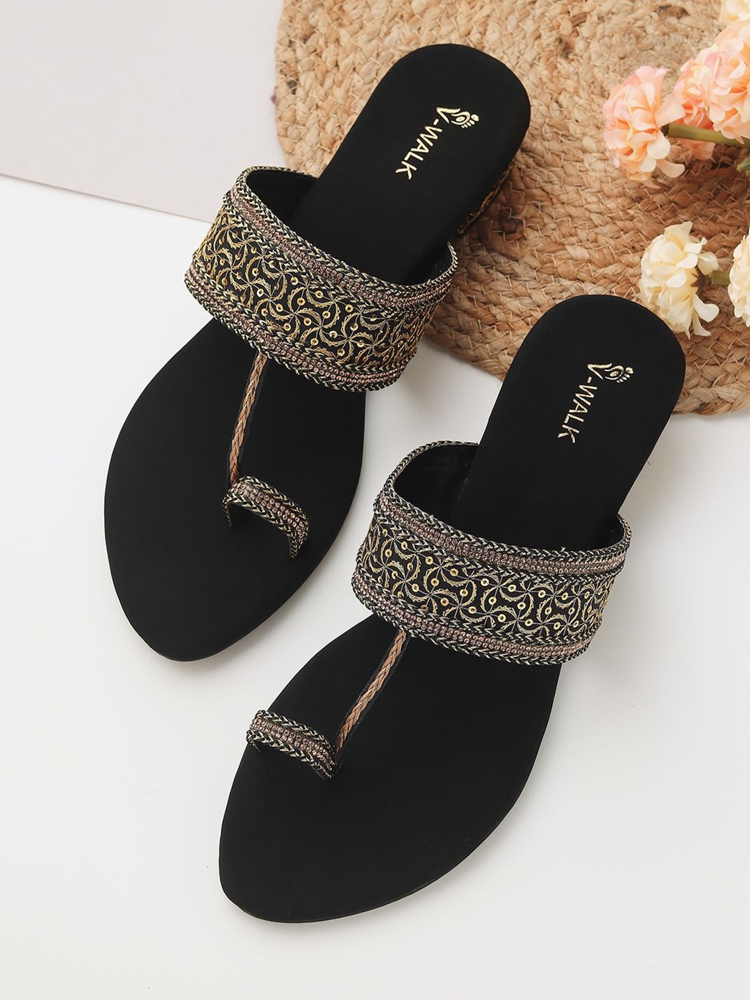 

V-WALK Women Embroidered Ethnic Party Block Sandals, Black