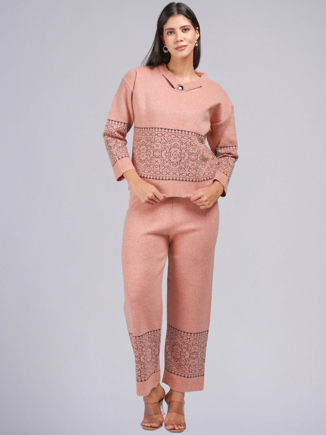 

PUREMIST Self Design Round Neck Long Sleeves Top With Trouser, Pink