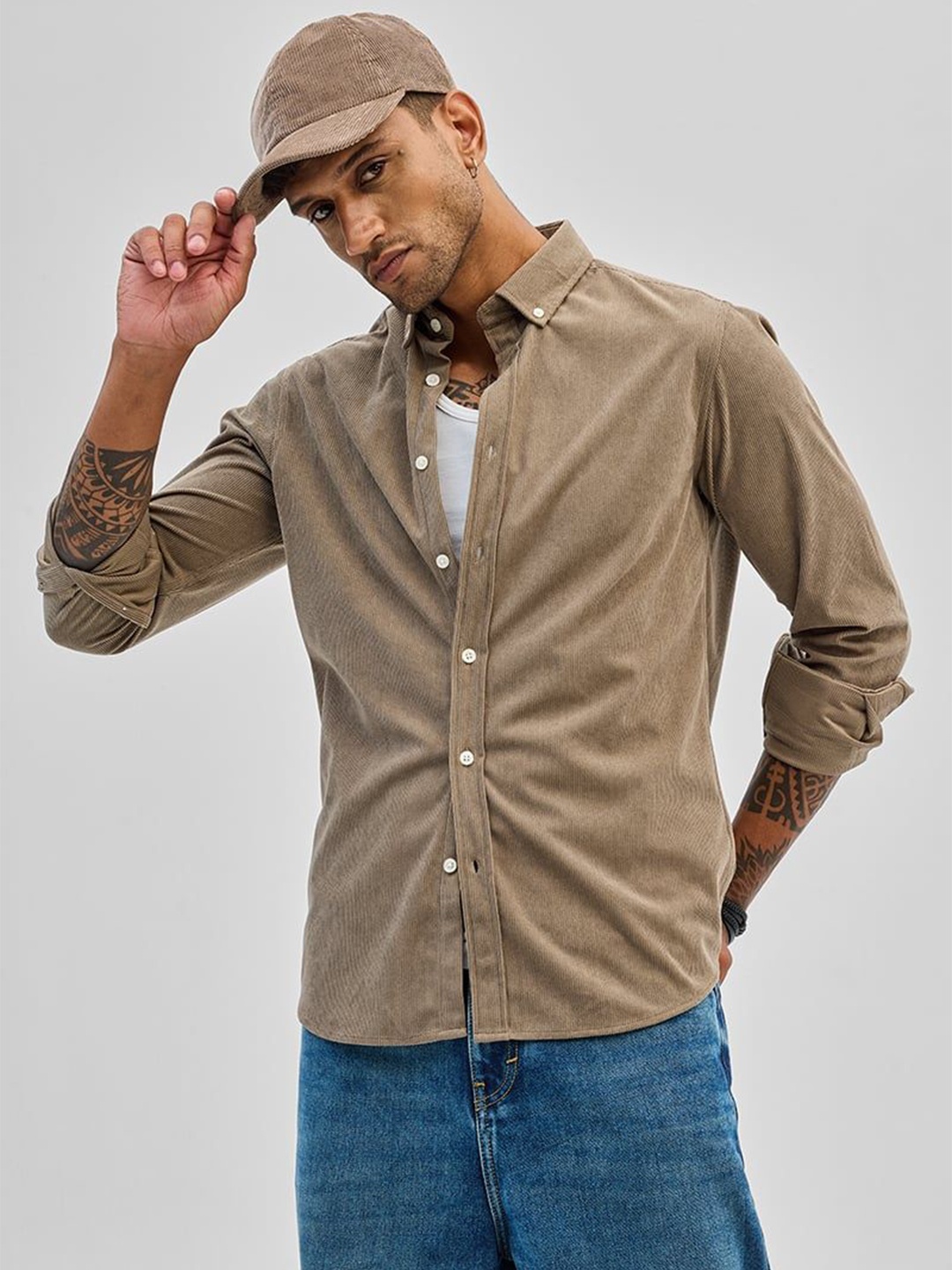 

Snitch Men Smart Button-Down Collar Textured Casual Shirt, Beige