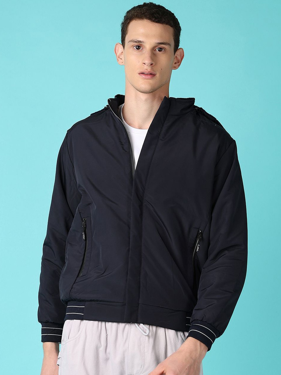 

V-Mart Men Hooded Solid Cotton Casual Padded Jacket, Navy blue