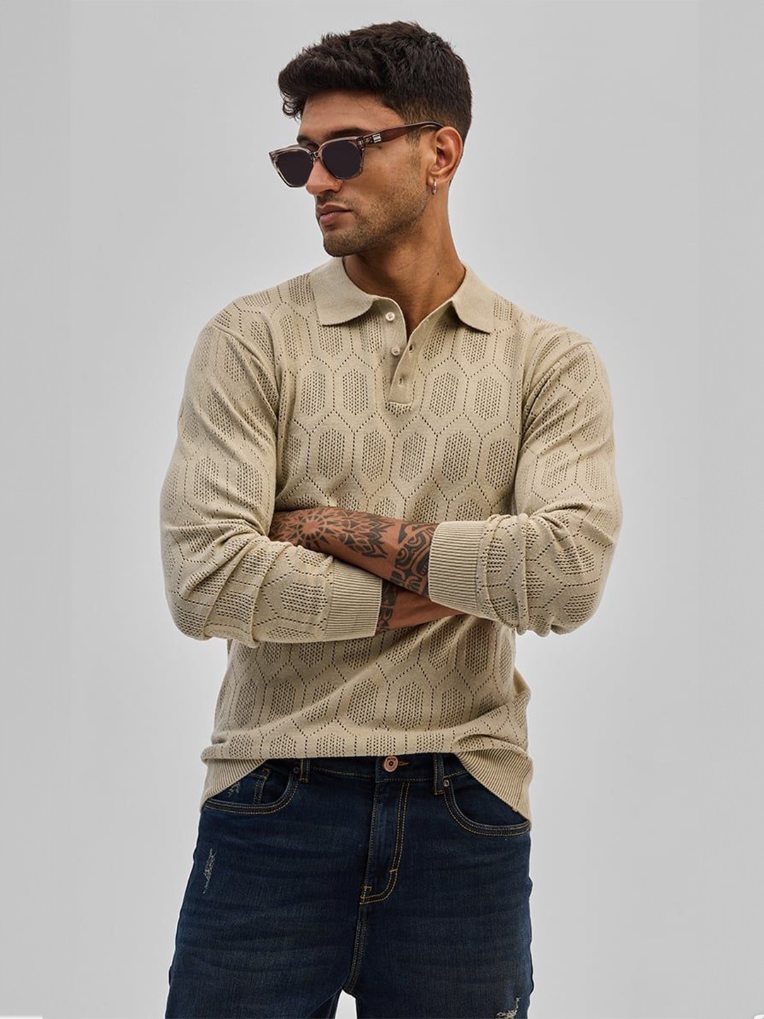 

Snitch Men Self Design Polo Collar Cotton Slim Fit T-shirt, Beige