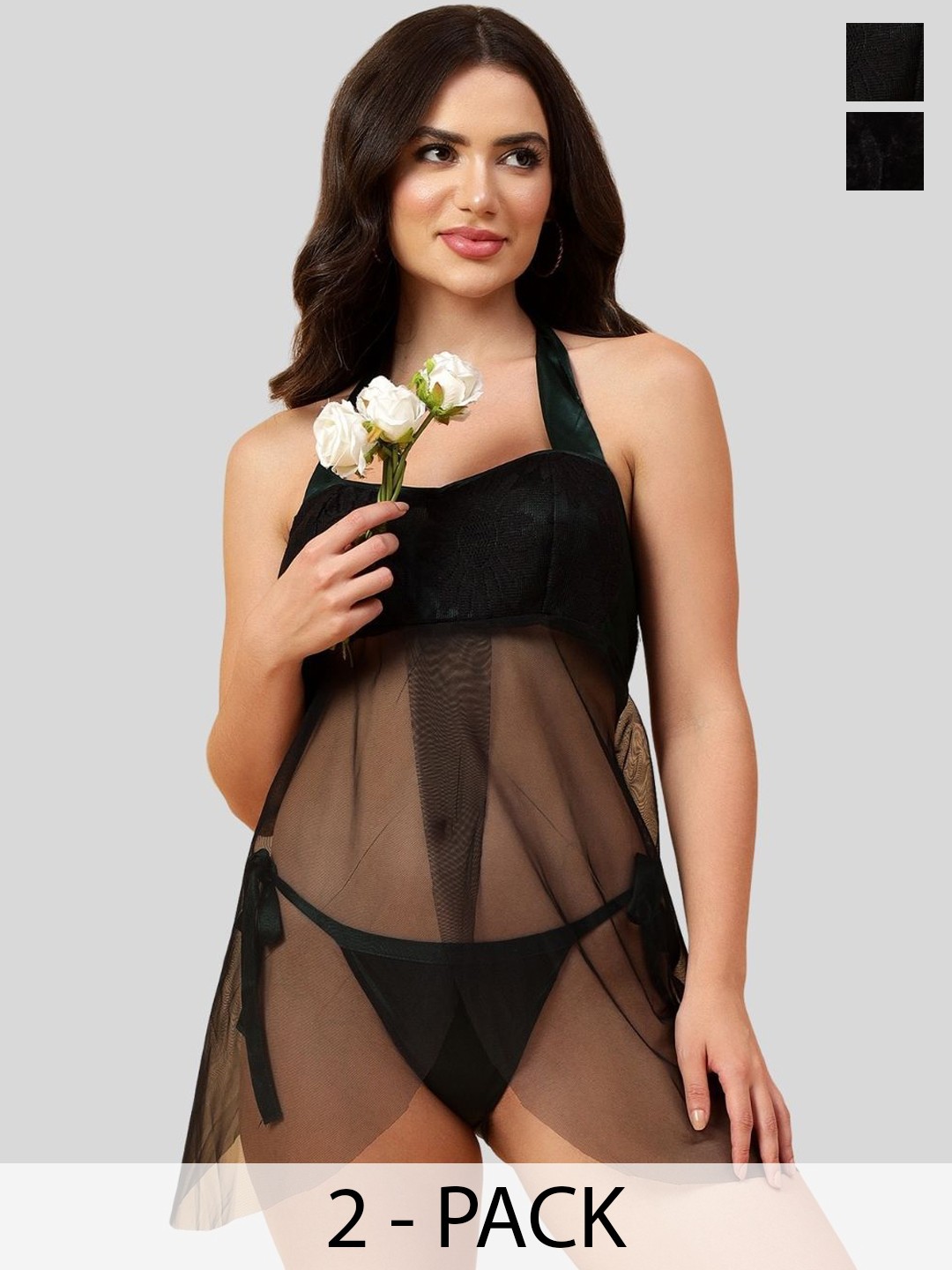 

Velvi FIGURE Women Pack Of 2 Halter Neck Baby Doll, Black
