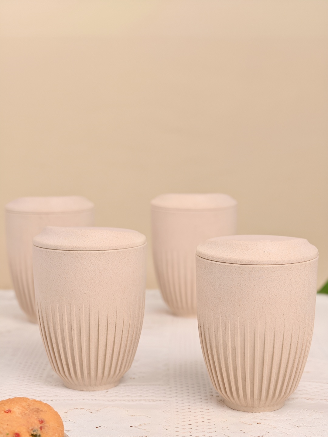 

eha Off White 4 Pieces Textured Matte Mugs 350 ml each, Peach