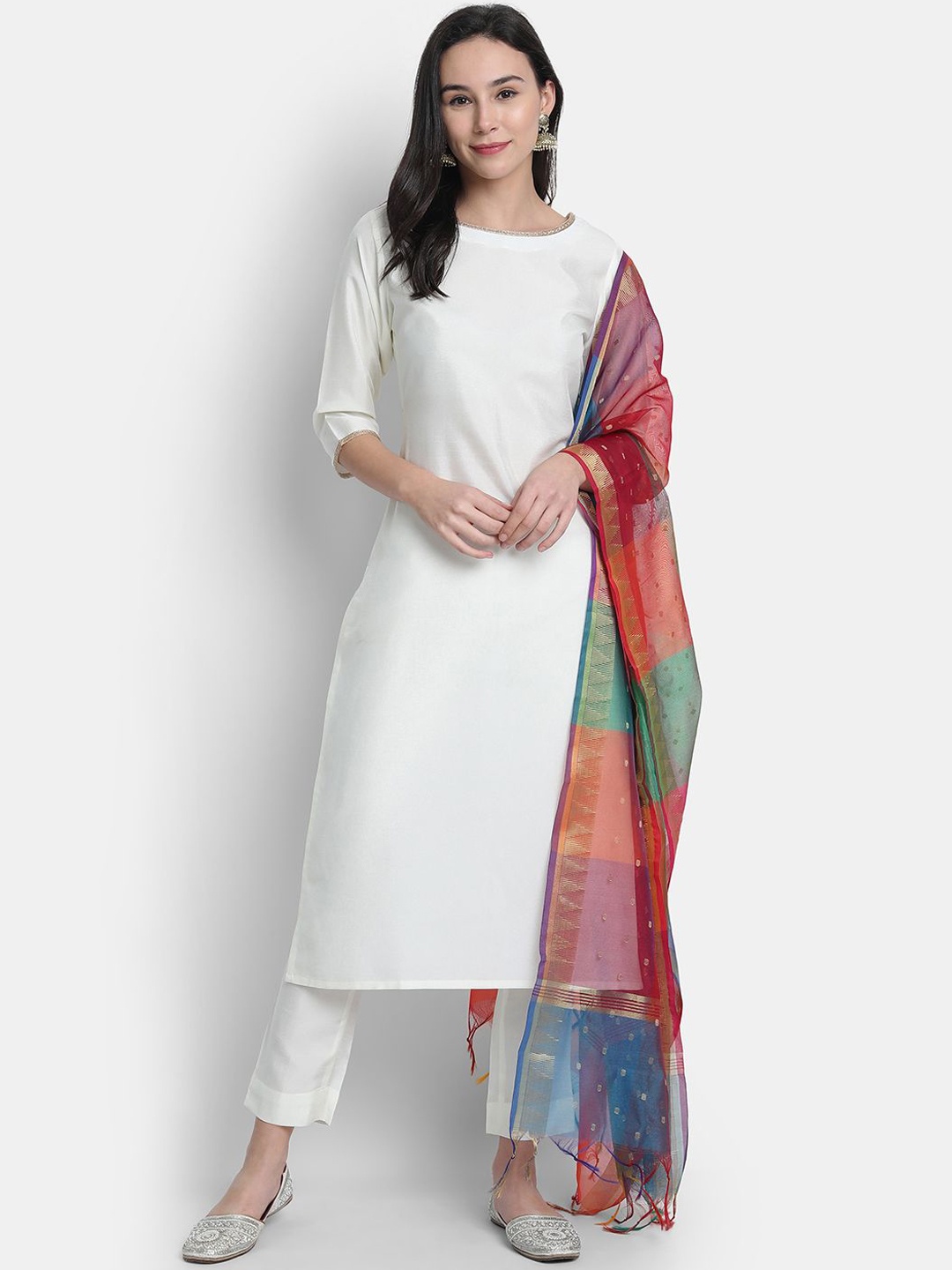 

KALINI Round Neck Thread Work Straight Kurta with Trousers & Dupatta, Off white