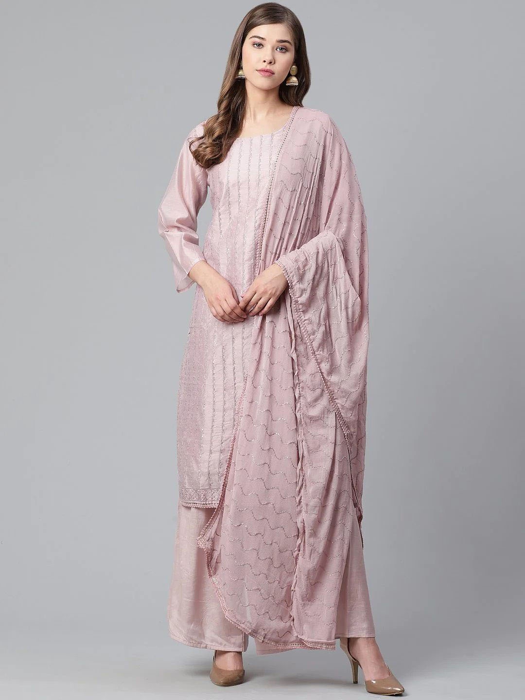 

DIVASTRI Ethnic Motifs Embroidered Sequinned Straight Kurta With Trouser & Dupatta, Pink