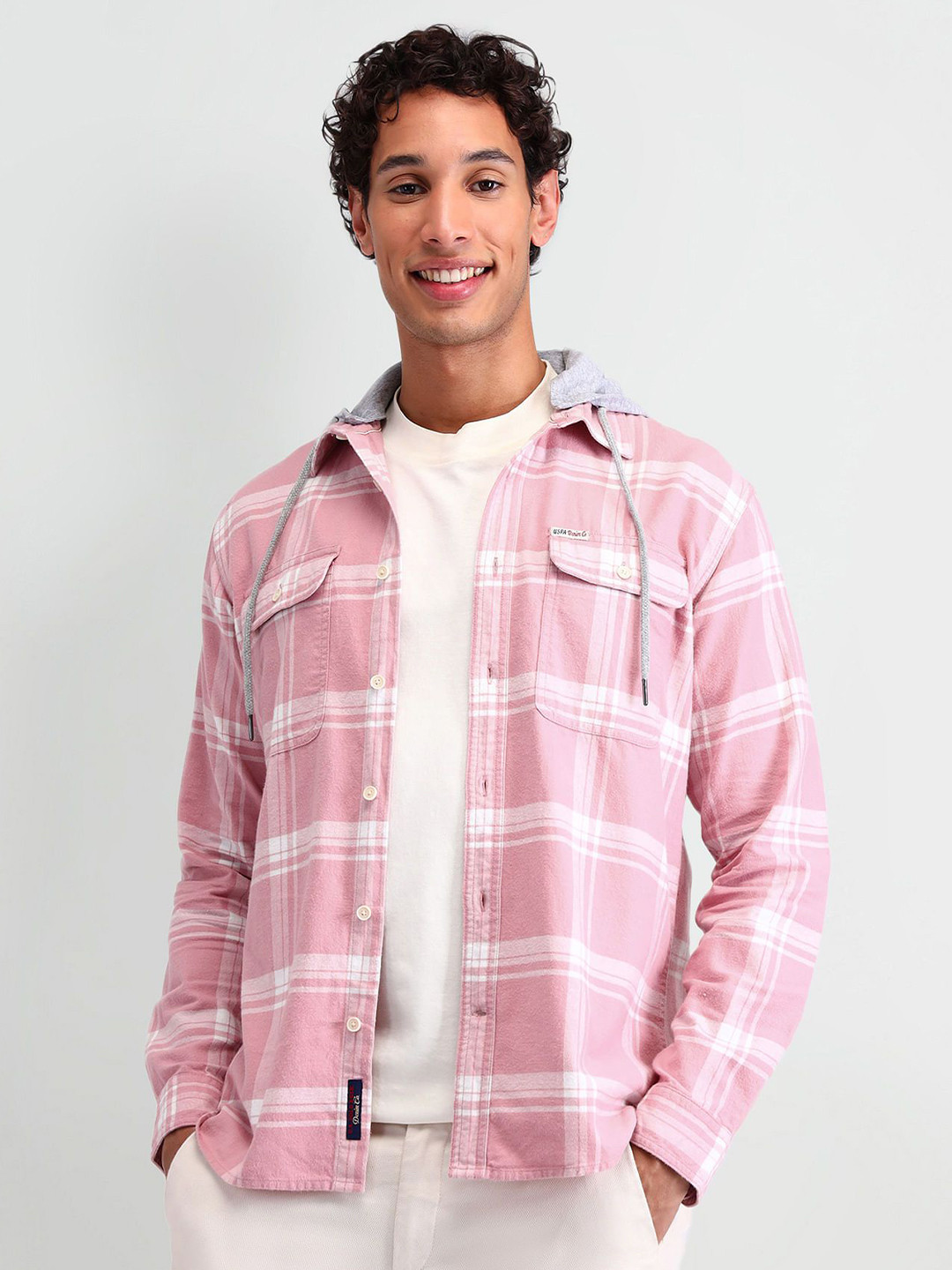

U.S. Polo Assn. Denim Co. Men Hood Tartan Checked Cotton Slim Fit Casual Shirt, Pink