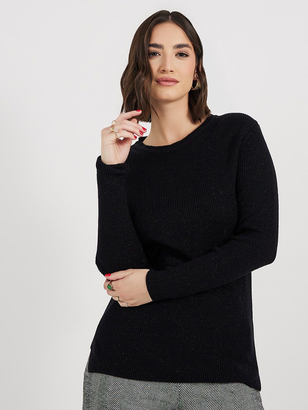 

Styli Women Regular Fit Regular Length Sweater In Shimmer Knit, Black