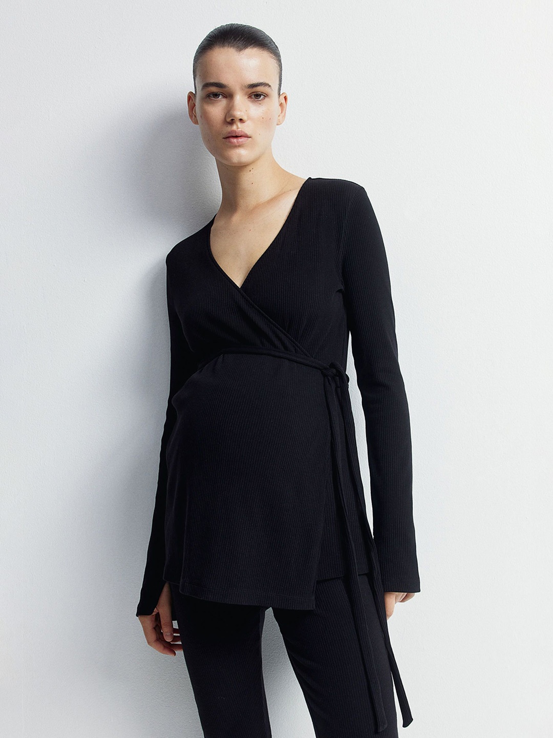 

H&M Mama Ribbed Wrap Top, Black