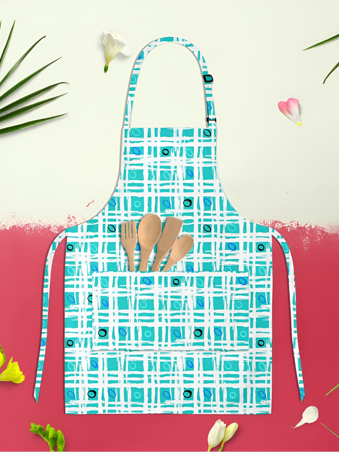 

ArtzFolio Kids Teal Green & White Printed Cotton Aprons