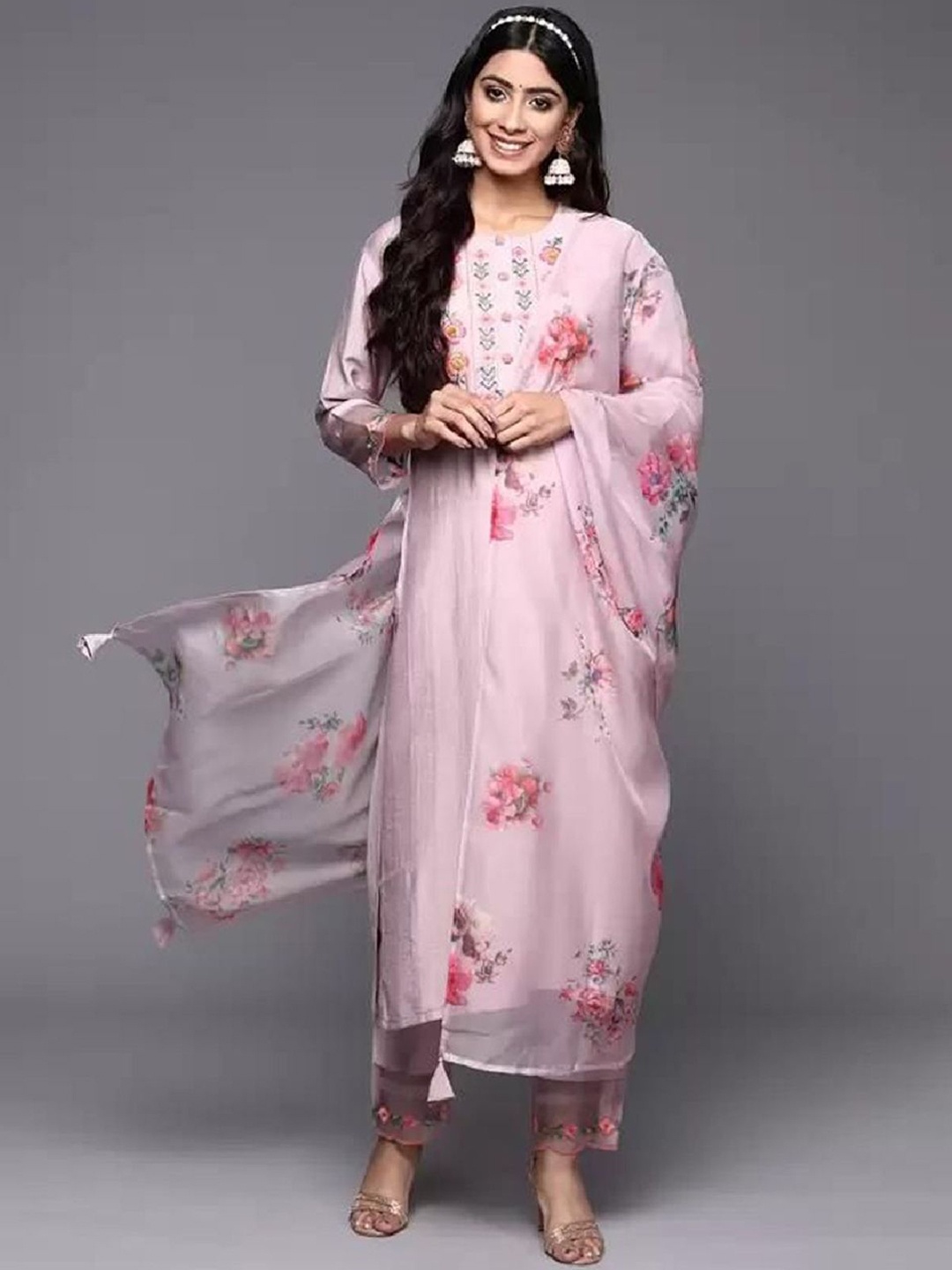 

Yara Creation Floral Embroidered Round Neck Regular Straight Kurta & Trouser With Dupatta, Peach