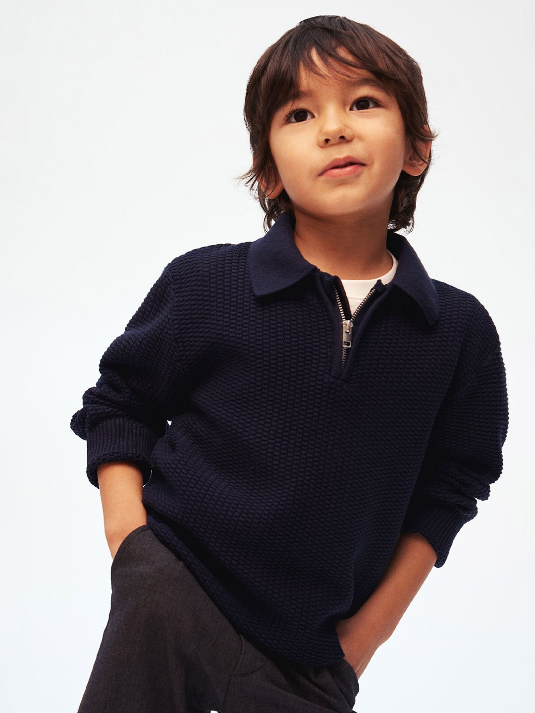 

H&M Infant Boys Pure Cotton Zip-Top Polo Jumper, Blue
