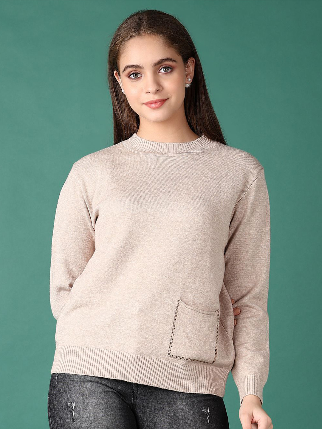 

V-Mart Women Pullover Round Neck Sweater, Beige