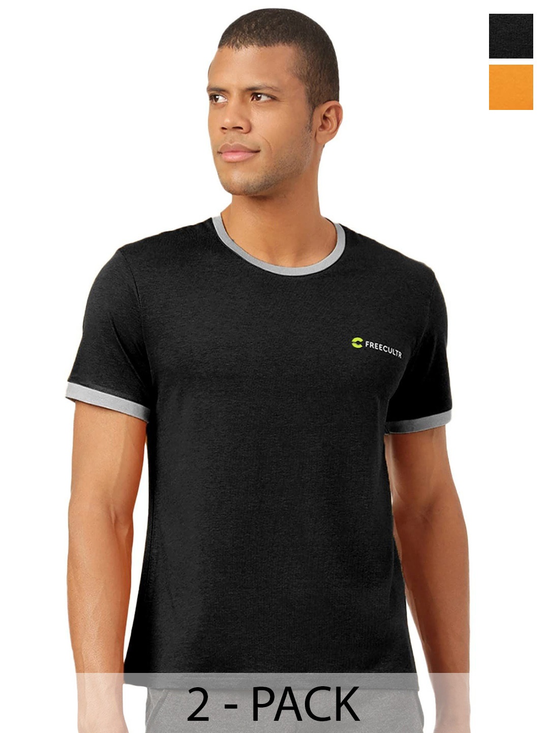 

FREECULTR Men Pack Of 2 Solid Round Neck T-shirts, Black