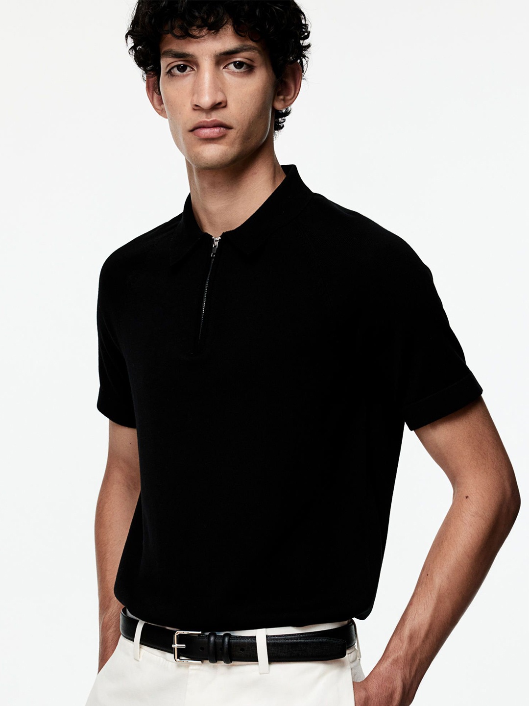 

H&M Muscle Fit Zip-top polo shirt, Black