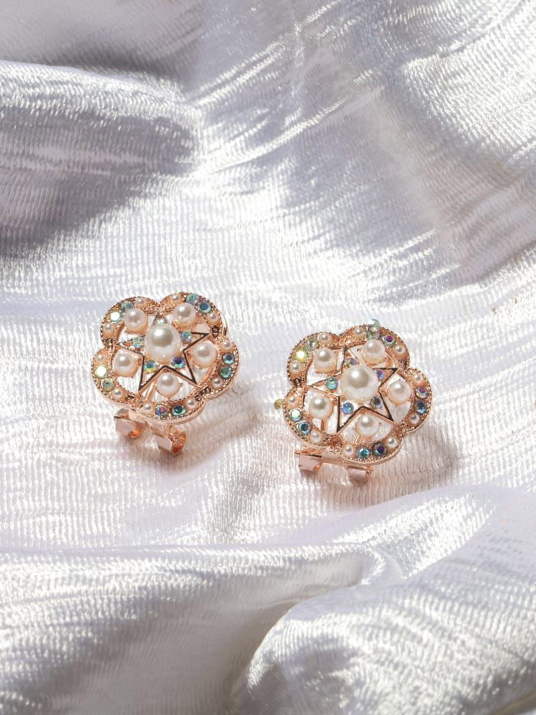 

Maansh Rose Gold Plated Stone Studded & Beaded Floral Studs