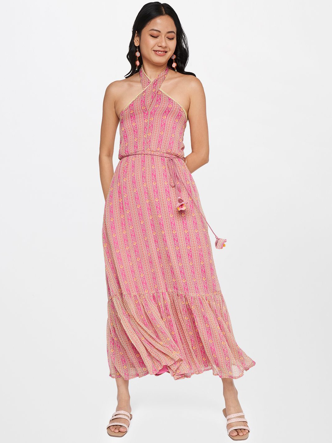 

Global Desi Women Printed A-Line Maxi Ethnic Dresses, Pink