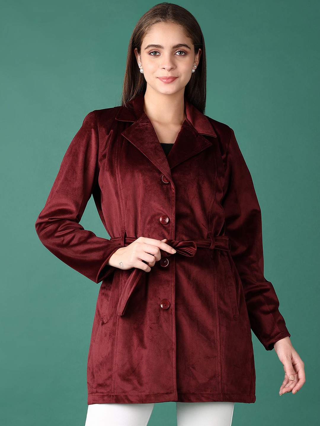 

V-Mart Women Lapel Collar Solid Cotton Casual Tailored Jacket, Maroon