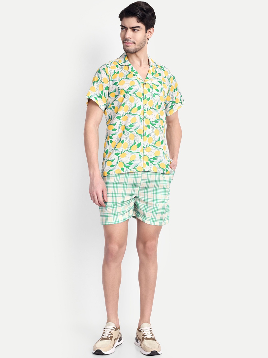 

TILISM Printed Shirt Collar Short Sleeves Pure Cotton Shirt With Shorts, Green