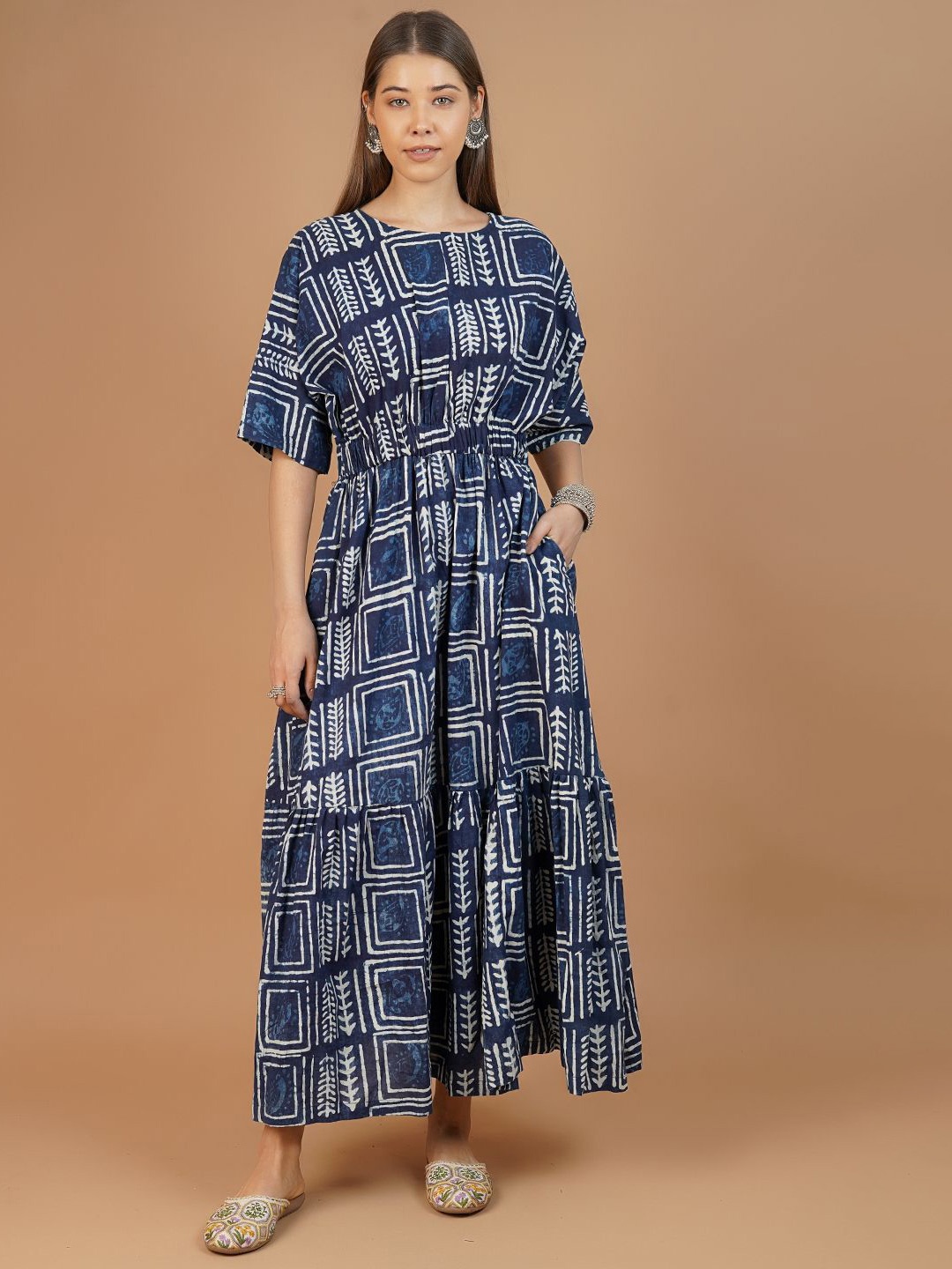 

INDOPHILIA Women Printed Cotton Maxi Dress, Blue