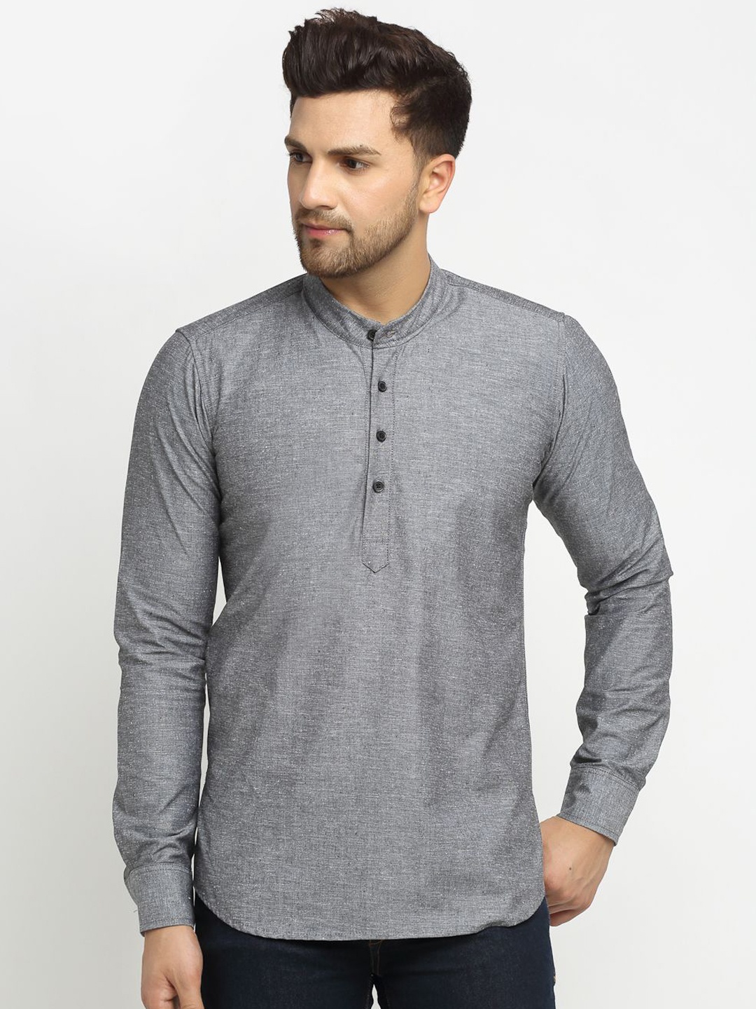 

Cross Court Band Collar Pure Cotton Straight Short Kurta, Grey