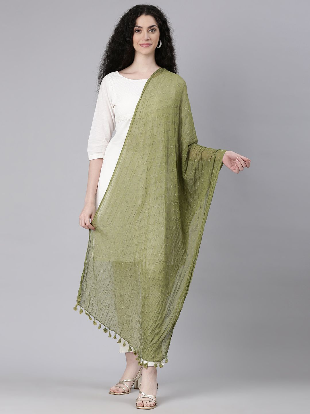 

Souchii Tasselled Border Chiffon Dupatta, Olive