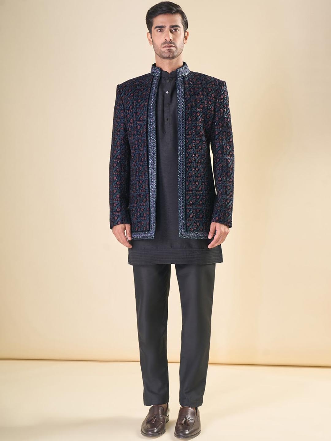 

Aryavir Malhotra Straight Kurta & Trouser With Embroidered Jacket, Blue