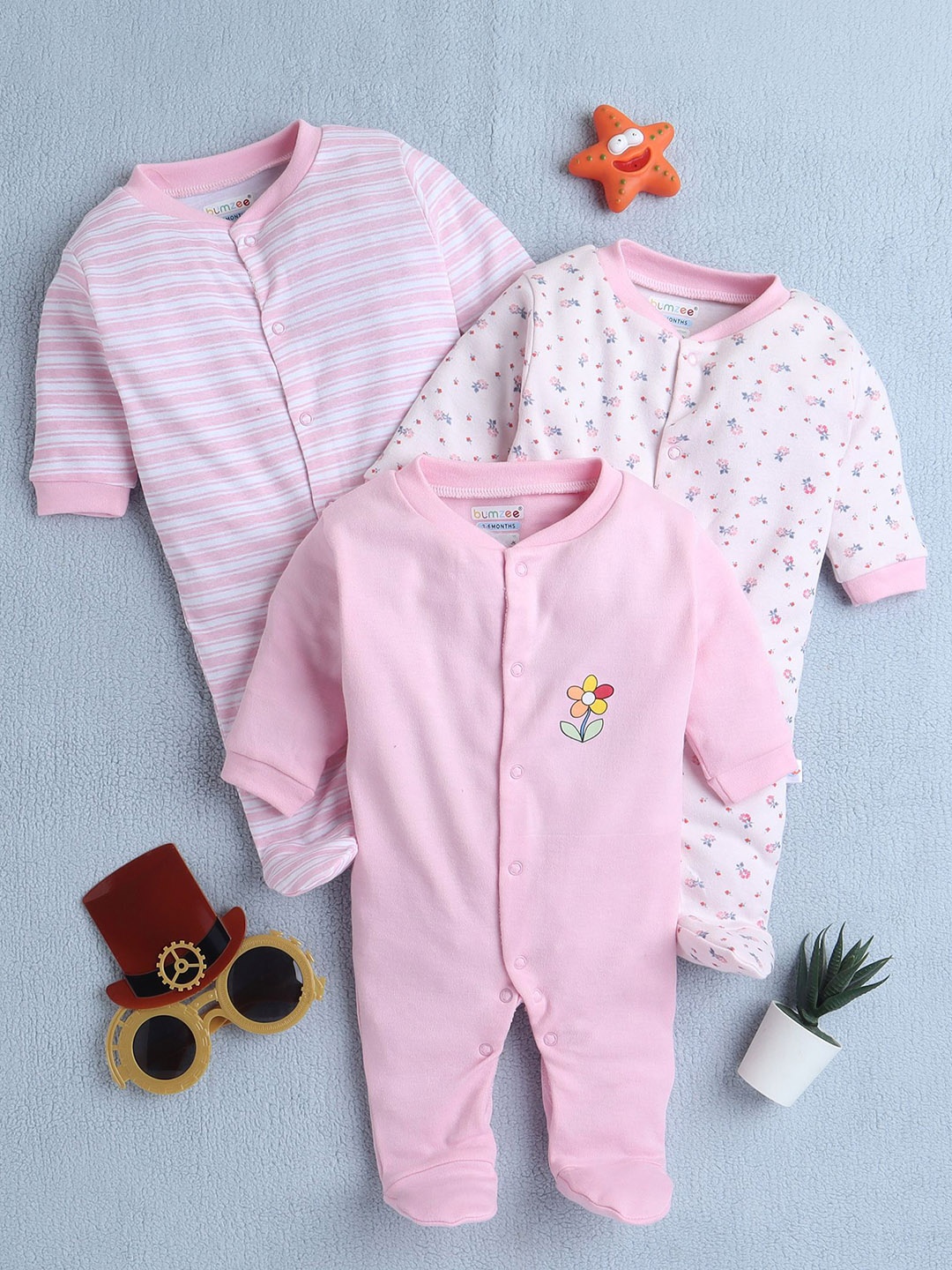 

BUMZEE Girls Pack of 3 Printed Sleepsuit, Pink