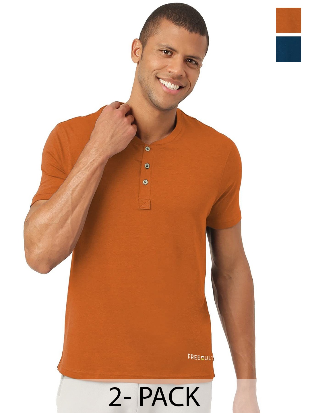 

FREECULTR Men Pack Of 2 Solid Henley Neck T-shirts, Rust