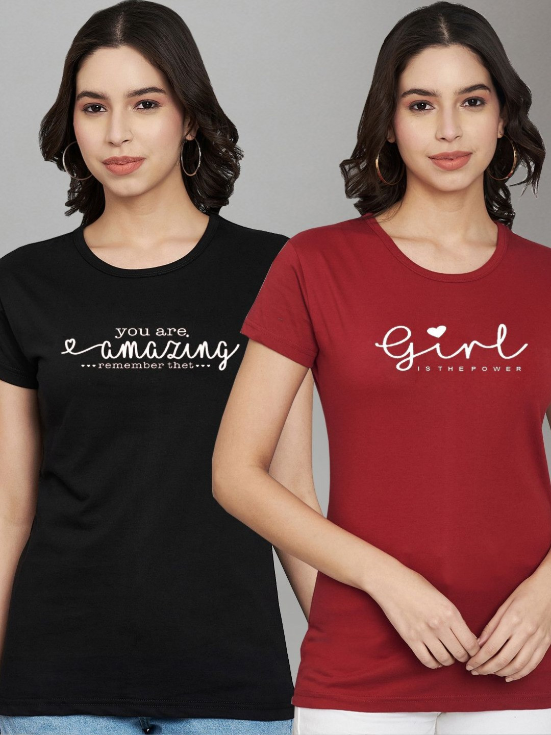 

Trend Level Women Pack Of 2 Geometric Printed Round Neck Cotton T-shirts, Black