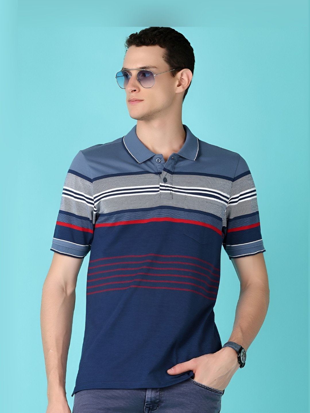 

V-Mart Men Striped Polo Collar Cotton T-shirt, Navy blue