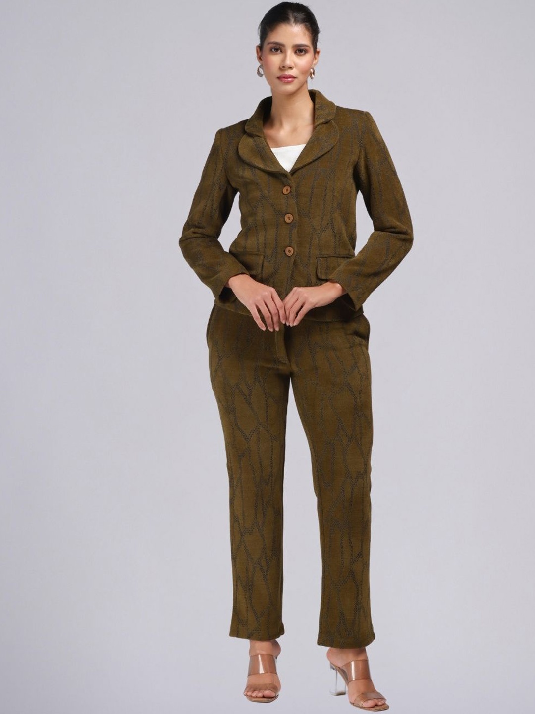 

PUREMIST Self Design Lapel Collar Long Sleeves Jacket With Trouser, Olive
