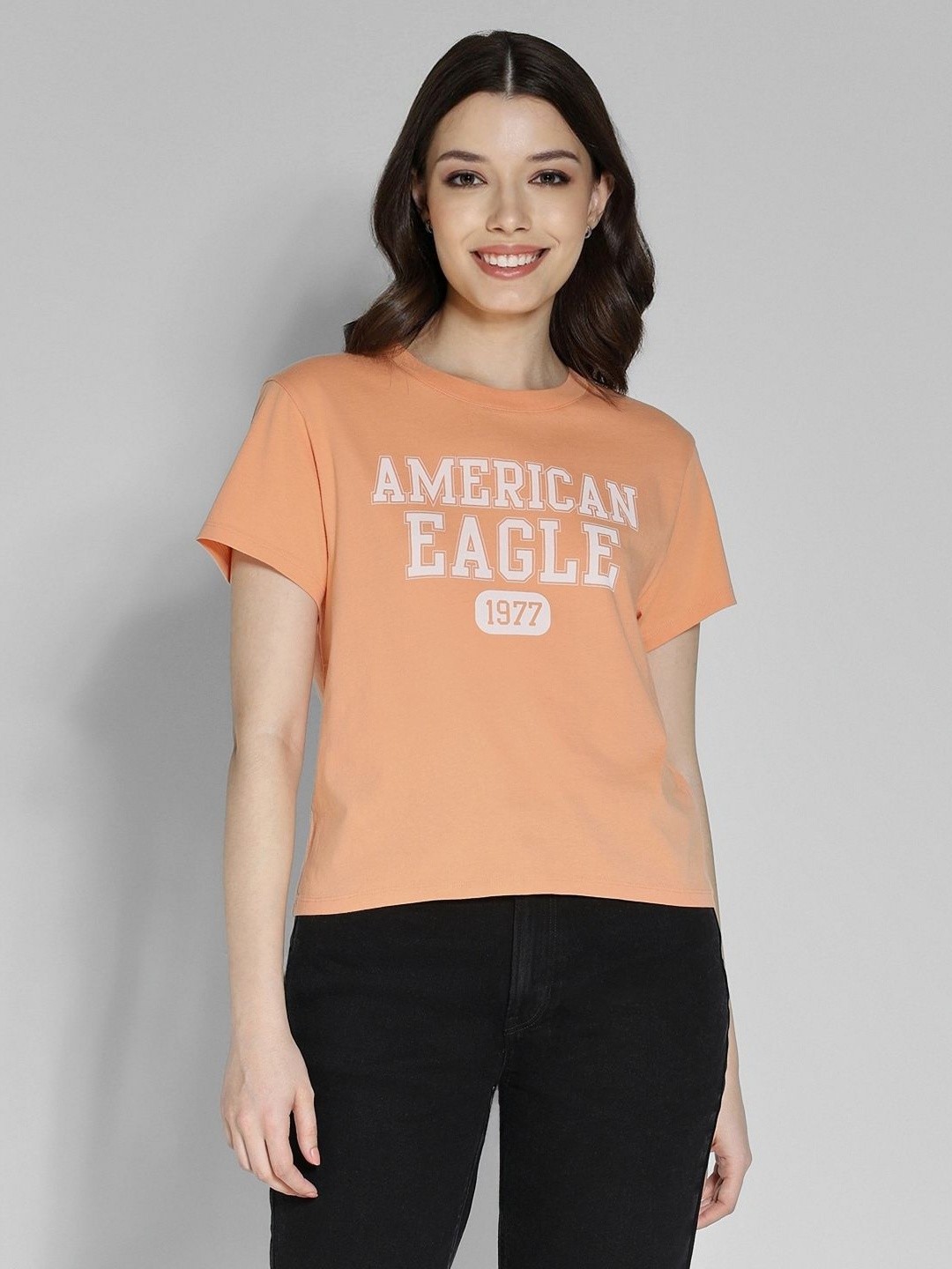

AMERICAN EAGLE OUTFITTERS Women Graphic Printed Pure Cotton Casual T-shirt, Orange