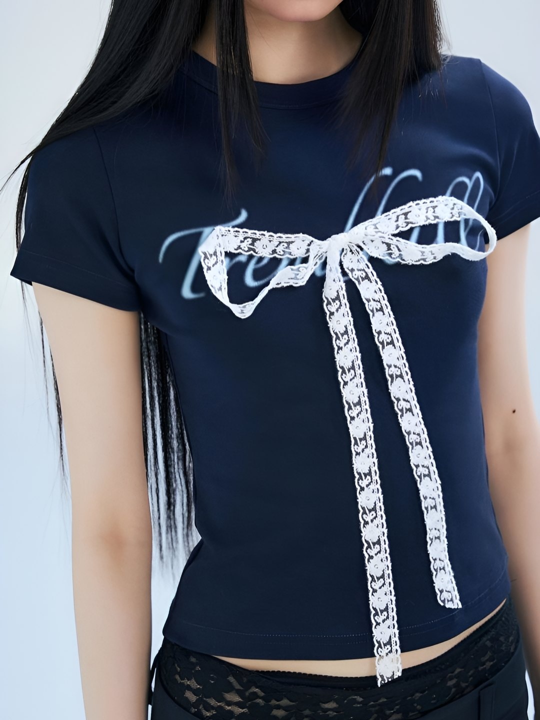 

LULU & SKY Women Typography Printed Round Neck Cotton Slim Fit T-shirt, Navy blue