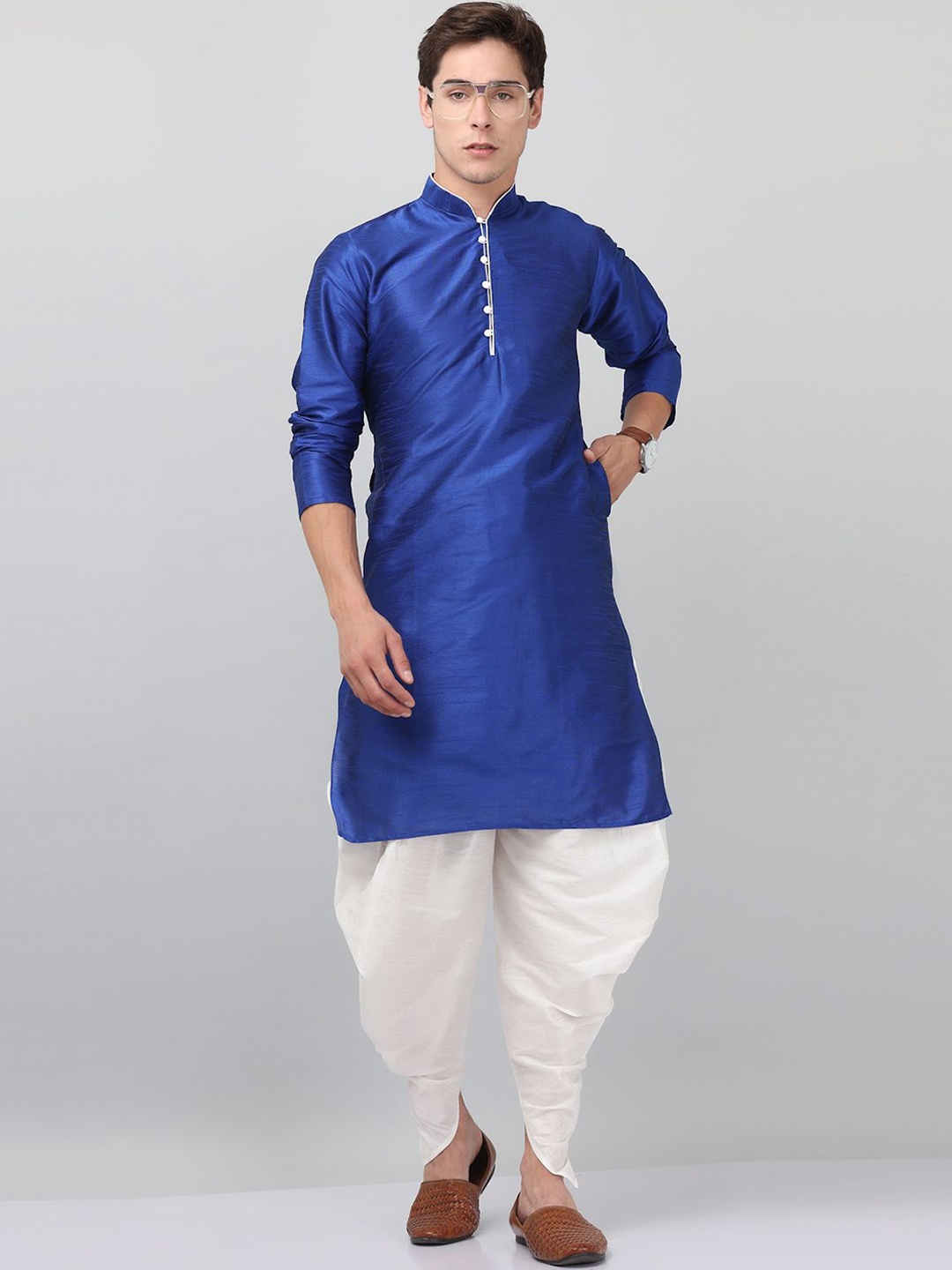 

LEMONX Mandarin Collar Dupion Silk Straight Kurta With Dhoti Pant, Blue