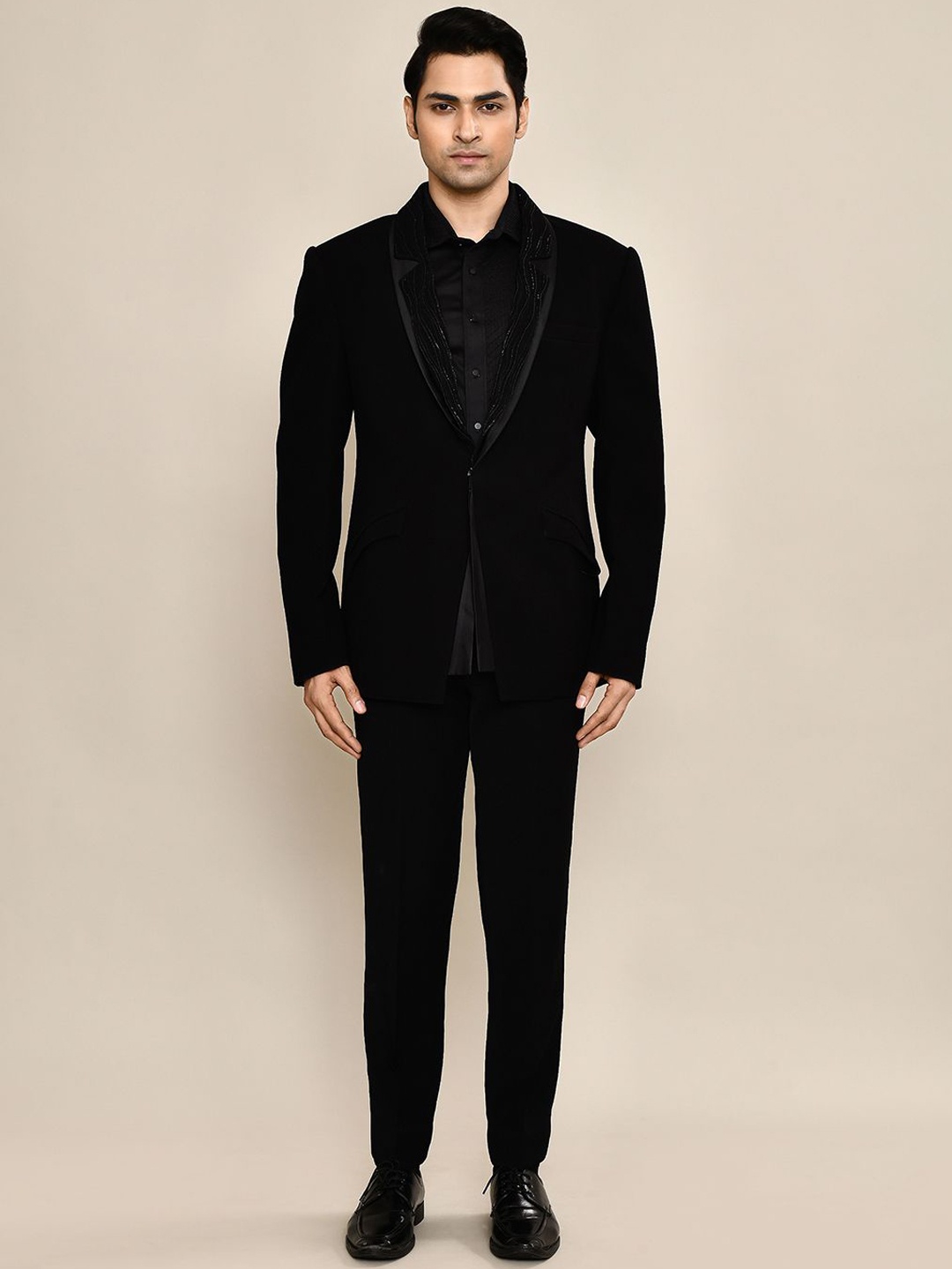 

Aryavir Malhotra Embroidered Tuxedo Three-Piece Formal Suit, Black