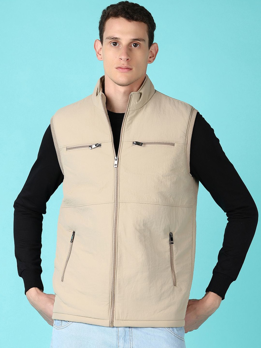 

V-Mart Men Mock Collar Solid Cotton Casual Bomber Jacket, Cream