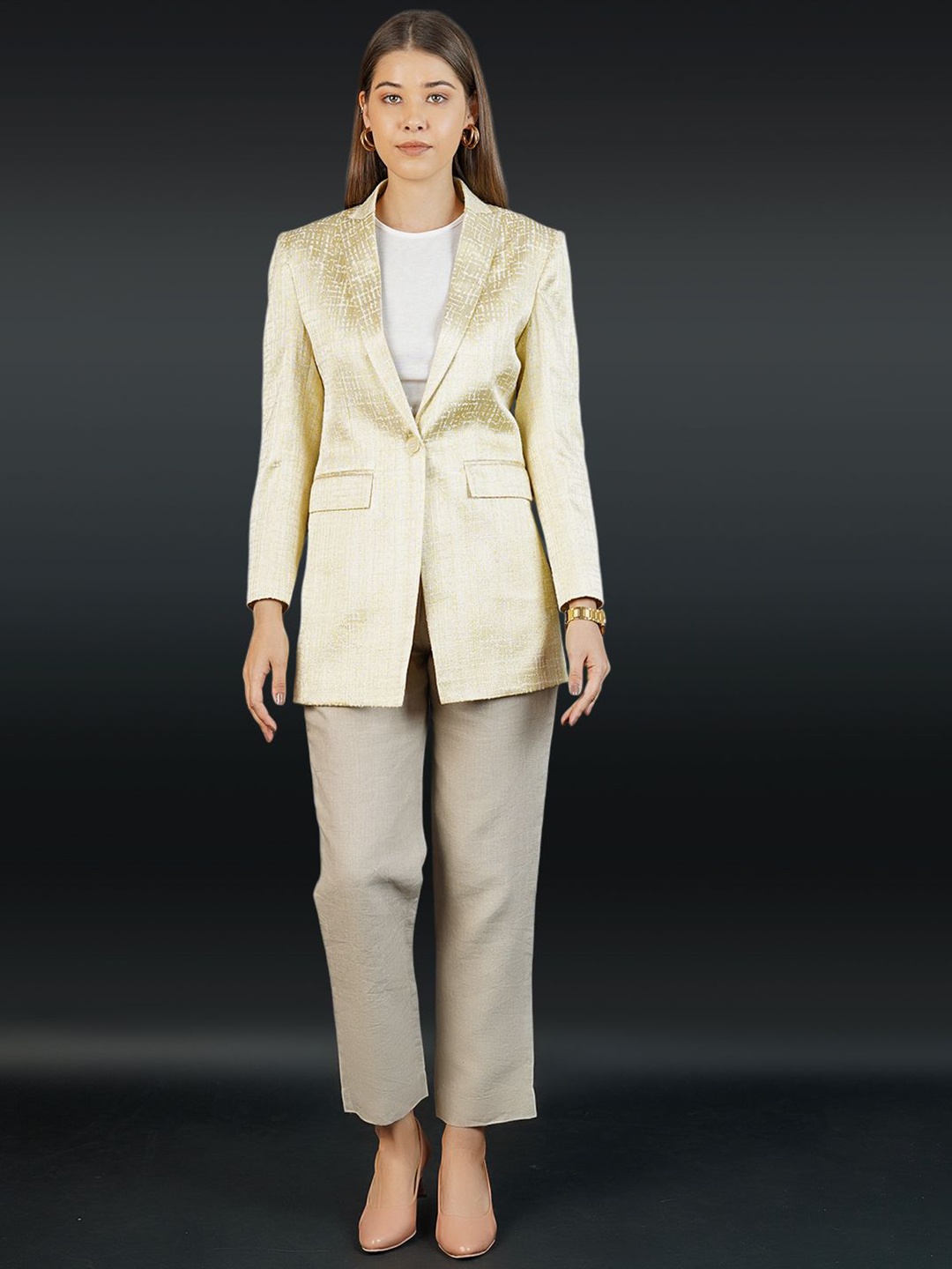 

INDOPHILIA Self-Design Notched Lapel Single-Breasted Blazers, Gold