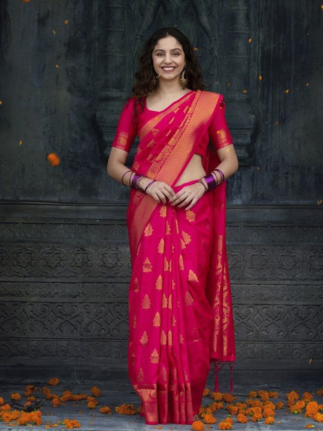 

ISHKIYA Woven Design Zari Pure Silk Banarasi Saree, Pink