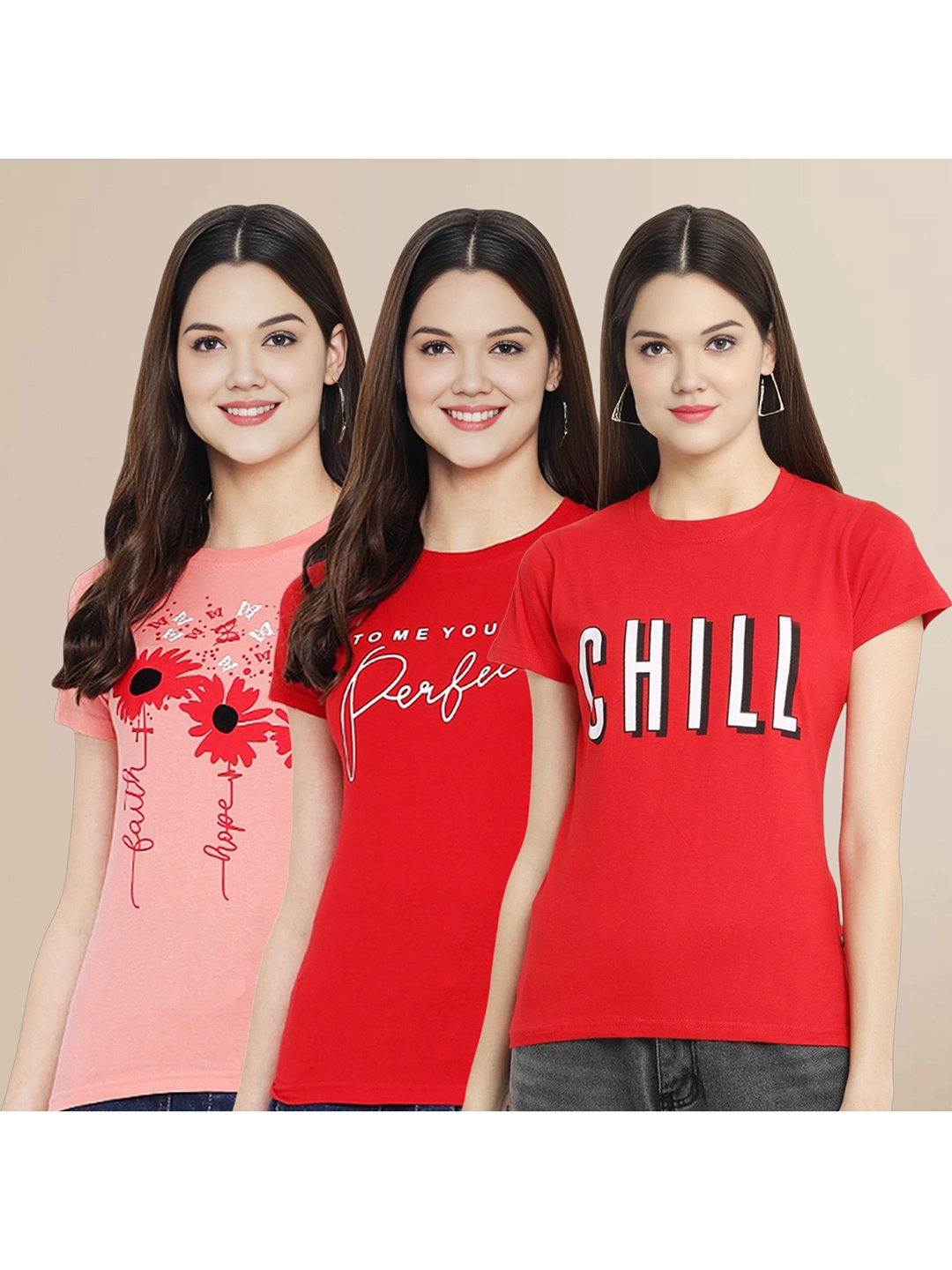 

Metronaut Women Pack Of 3 Typography Printed Round Neck Cotton T-shirts, Red