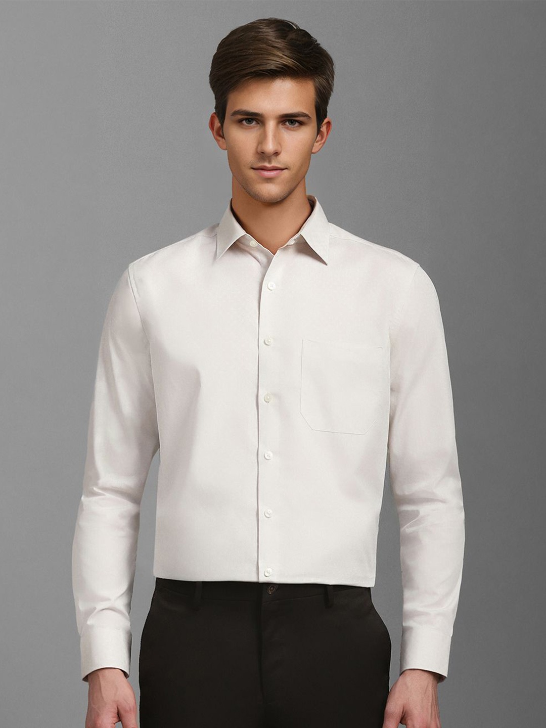 

Louis Philippe Men Spread Collar Textured Cotton Slim Fit Formal Shirt, Cream