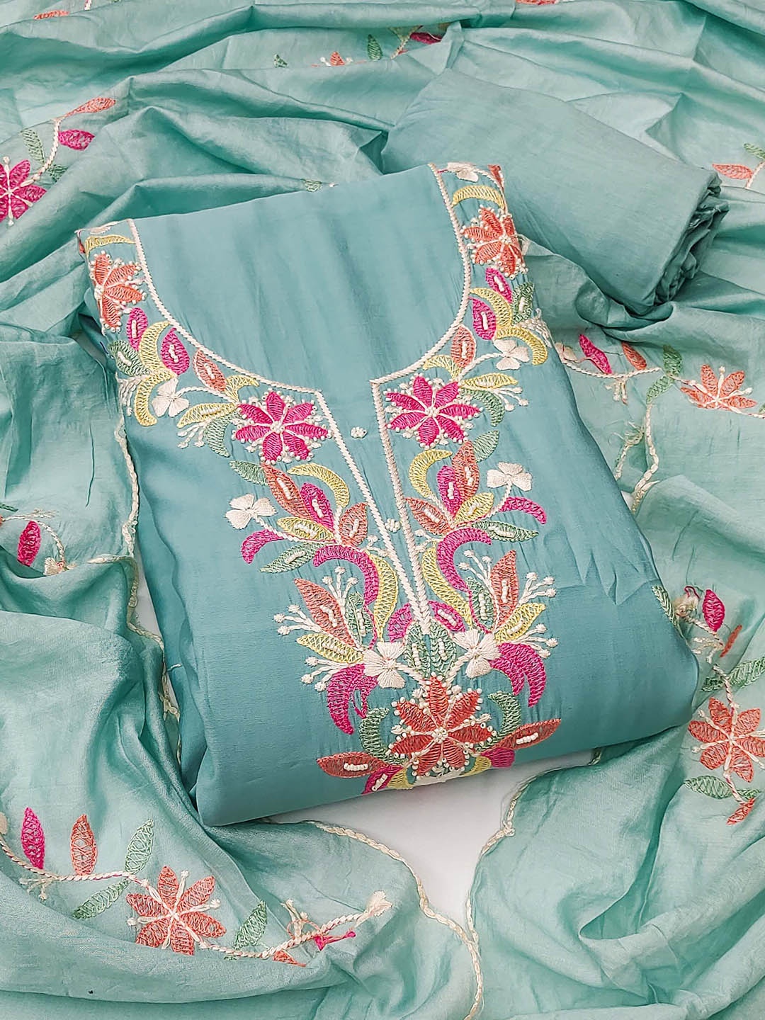 

KALINI Embroidered Pure Silk Semi-Stitched Dress Material, Blue