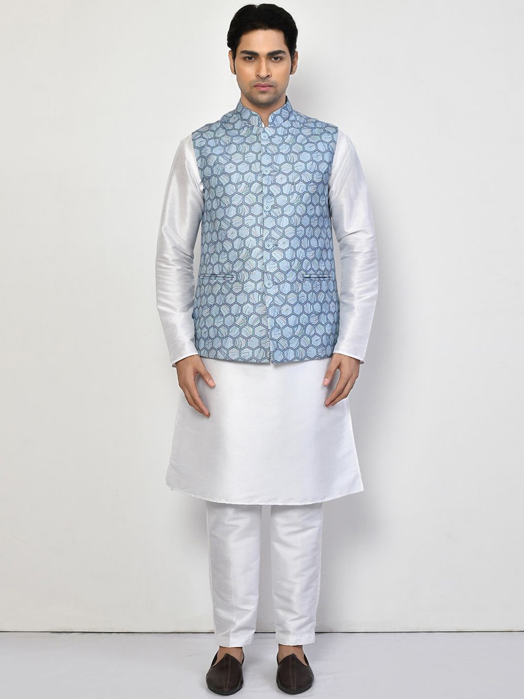 

Arihant Rai Sinha Printed Straight Kurta, Trousers & Nehru Jacket Set, Blue