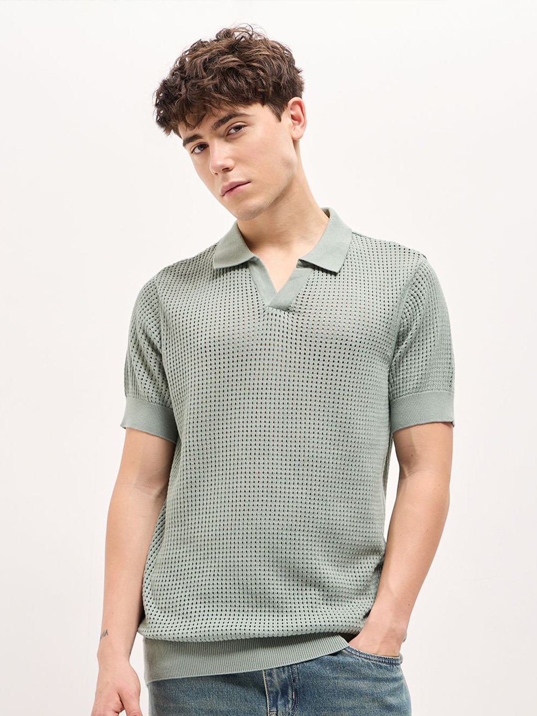

THE BEAR HOUSE Men Self Design Polo Collar Cotton T-shirt, Green