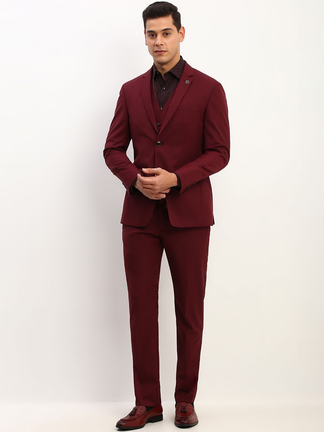 

Allen Solly Men Textured Slim-Fit Single-Breasted Three-Piece Formal Suit, Maroon