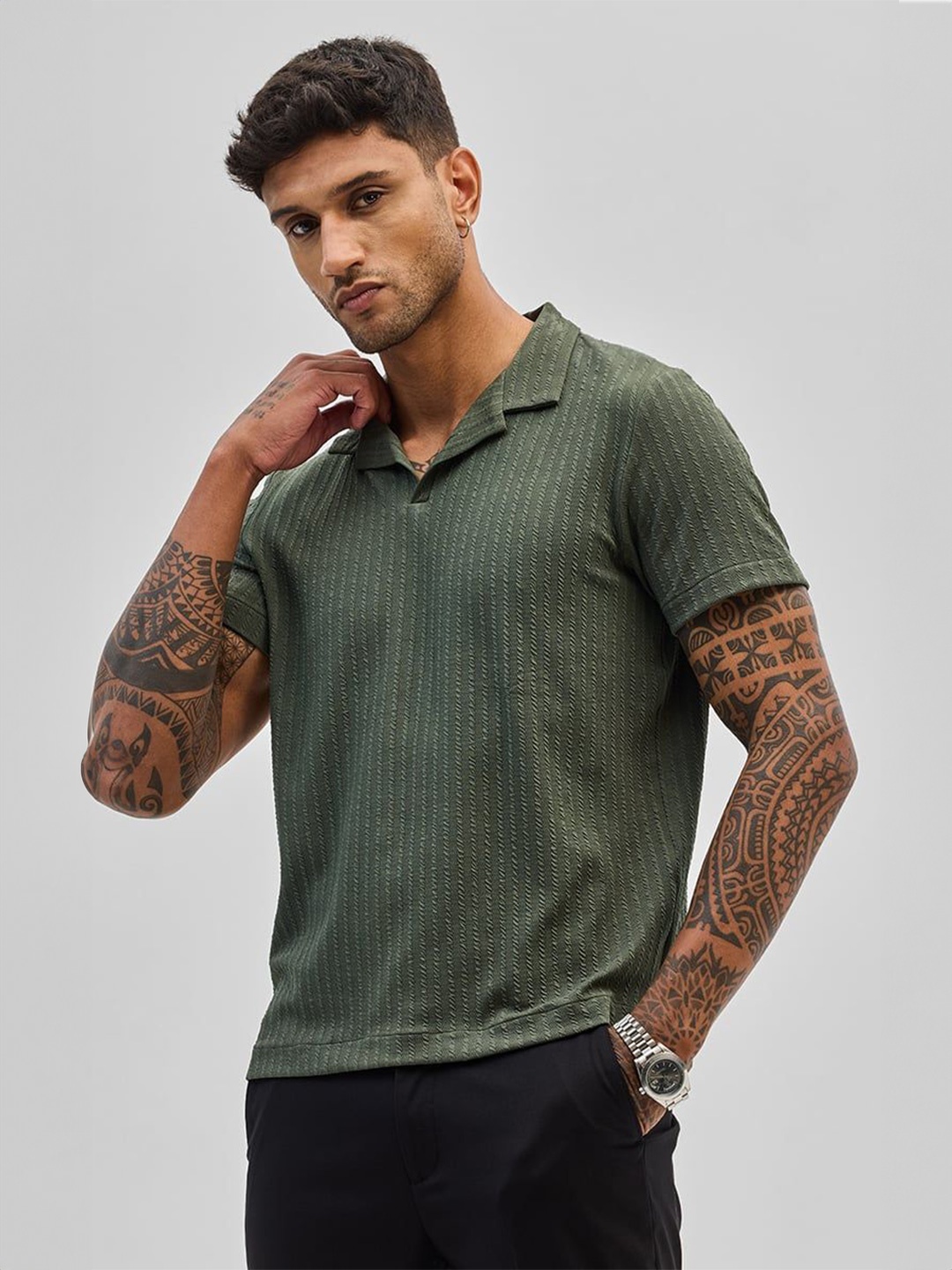 

Snitch Men Self Design Polo Collar Slim Fit T-shirt, Olive