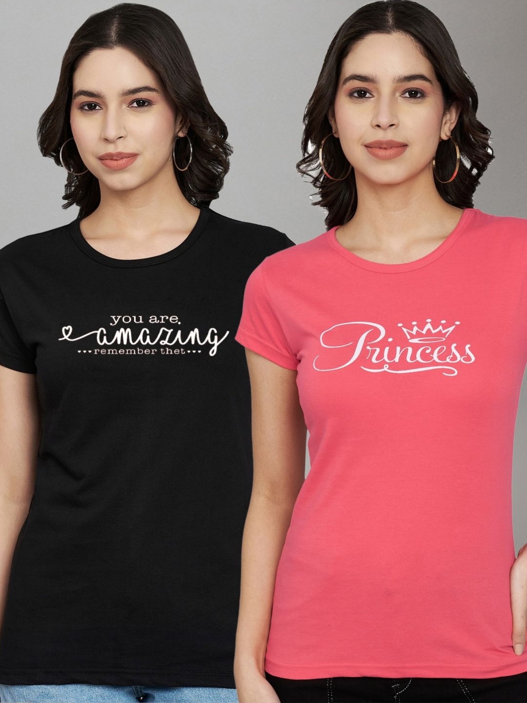 

Trend Level Women Pack Of 2 Typography Printed Round Neck Cotton T-shirts, Black