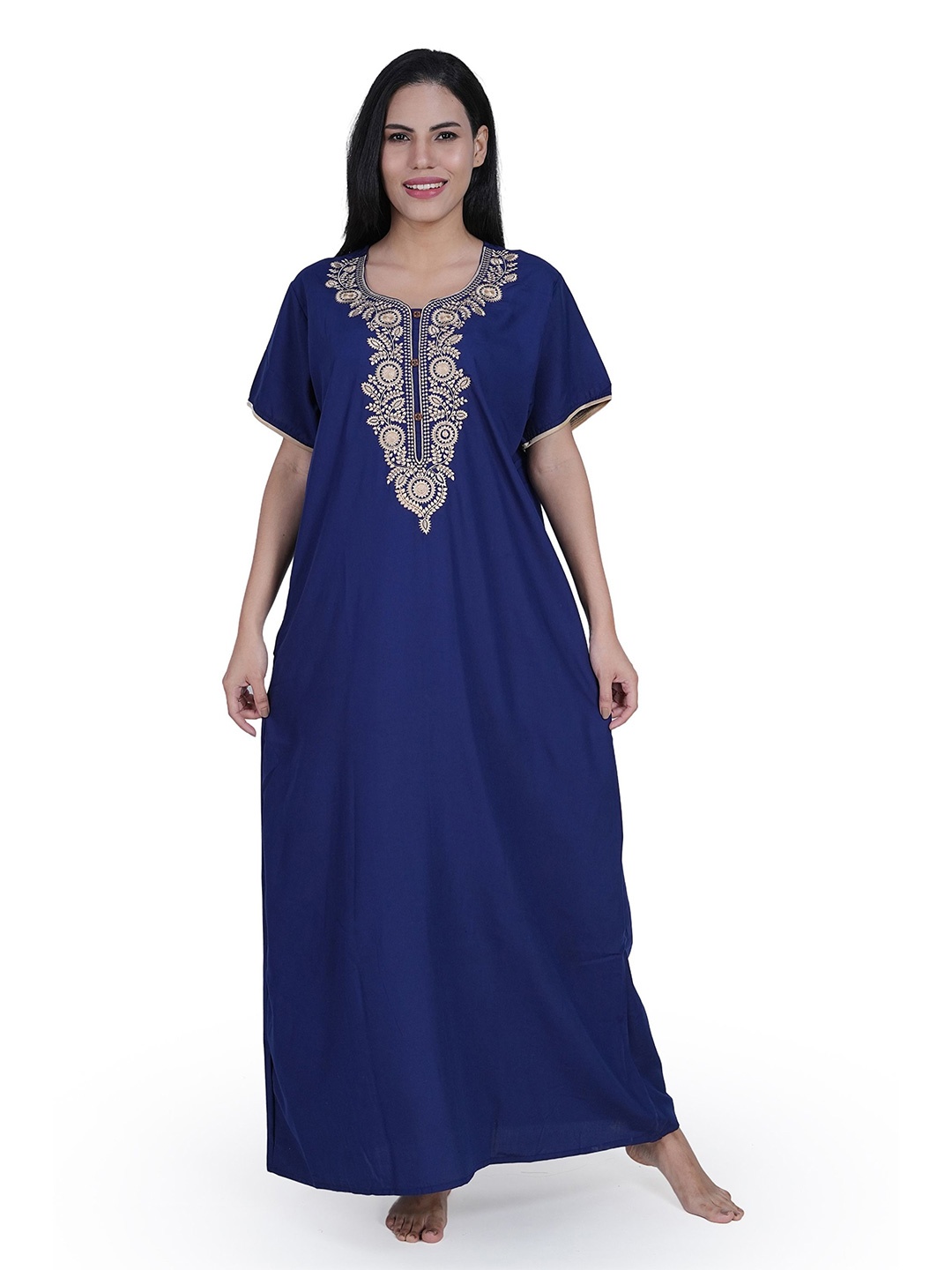 

Noty Women Ethnic Motifs Embroidered Maxi Nightdress, Navy blue