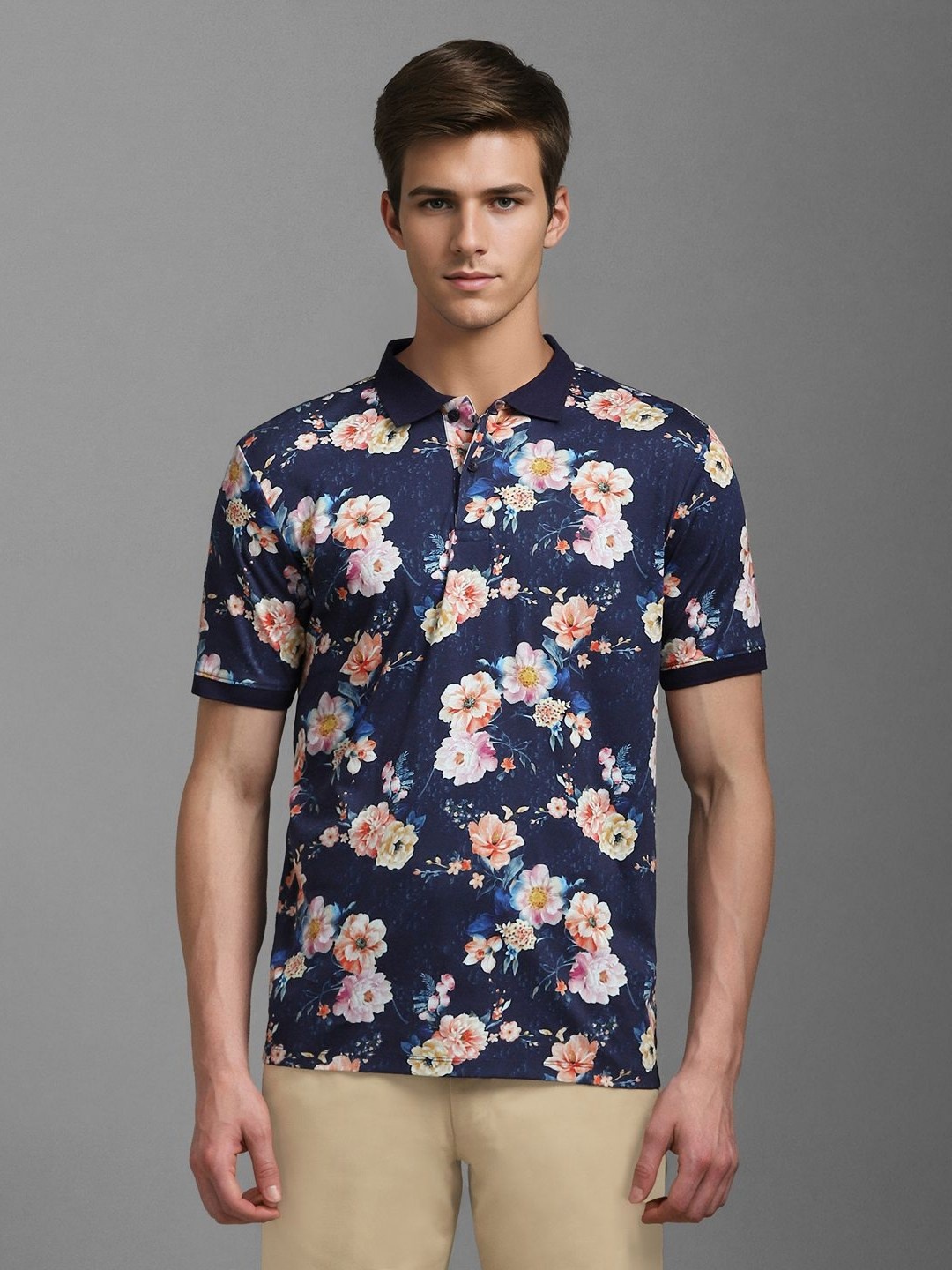 

Louis Philippe Sport Men Floral Printed Polo Collar T-shirt, Navy blue