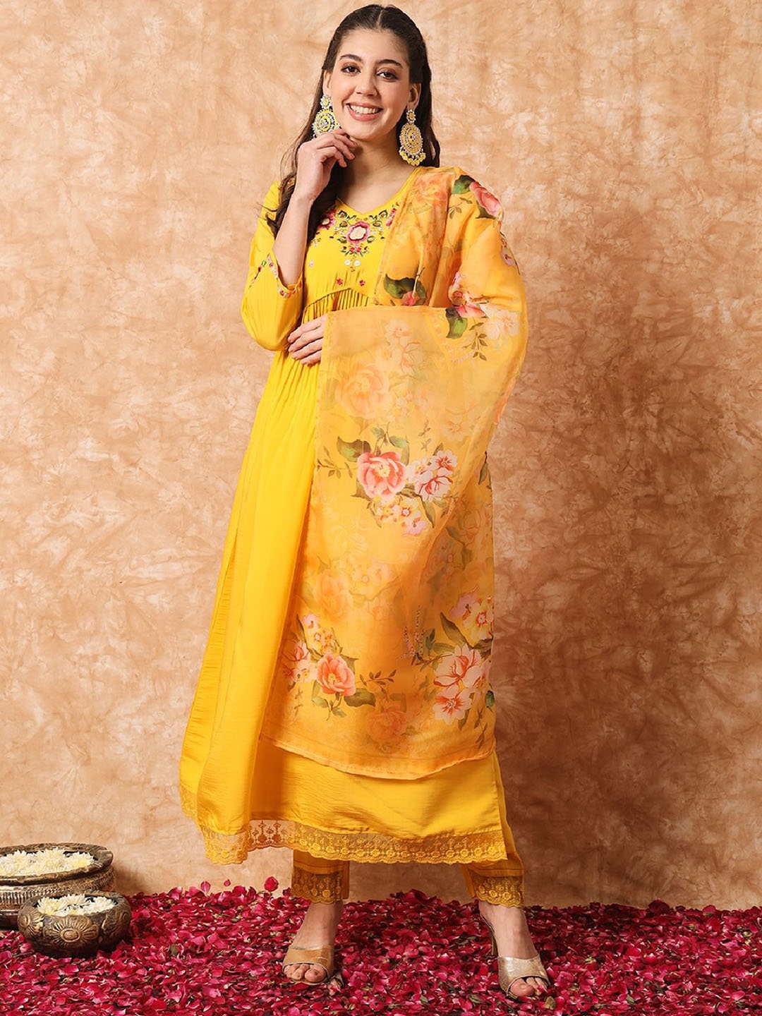 

Yara Creation Embroidered Empire Thread Work Chanderi A-Line Kurta With Trousers & Dupatta, Yellow