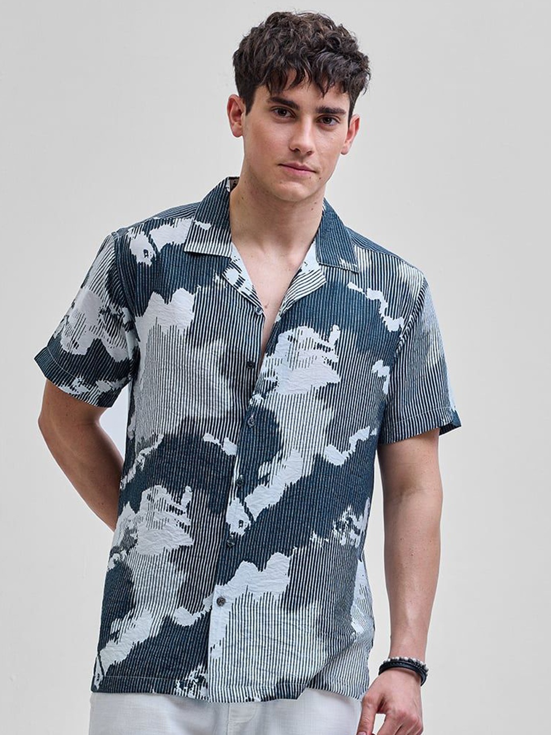 

Snitch Men Smart Cuban Collar Abstract Printed Casual Shirt, Teal